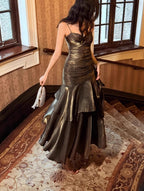 Vintage Spaghetti Straps Blue Chiffon Satin  Ruffles Long Prom Dress Fairytale Evening Dress
