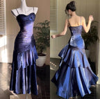 Vintage Spaghetti Straps Blue Chiffon Satin  Ruffles Long Prom Dress Fairytale Evening Dress