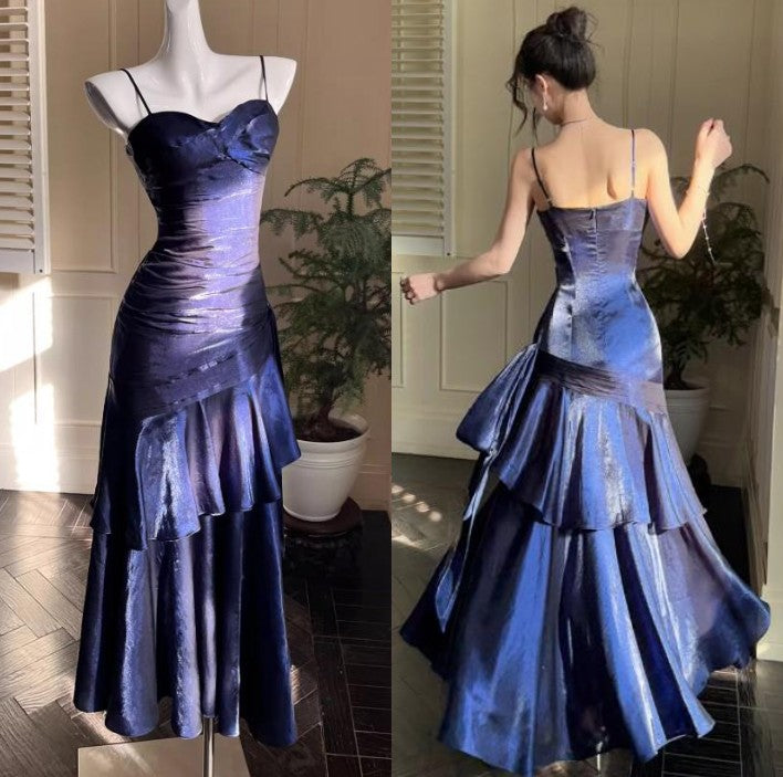 Vintage Spaghetti Straps Blue Chiffon Satin  Ruffles Long Prom Dress Fairytale Evening Dress