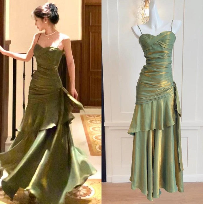 Vintage Spaghetti Straps Blue Chiffon Satin  Ruffles Long Prom Dress Fairytale Evening Dress
