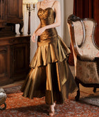 Vintage Spaghetti Straps Blue Chiffon Satin  Ruffles Long Prom Dress Fairytale Evening Dress