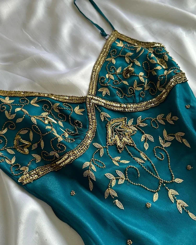 Vintage Spaghetti Straps Sheath Long Prom Dress Beaded Chiffon Teal Evening Dress Secondary image