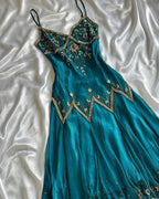 Vintage Spaghetti Straps Sheath Long Prom Dress Beaded Chiffon Teal Evening Dress