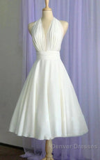Vintage Tea-Length Chiffon Wedding Dress With Halter Neck And Bow