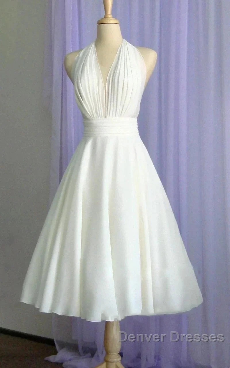Vintage Tea-Length Chiffon Wedding Dress With Halter Neck And Bow