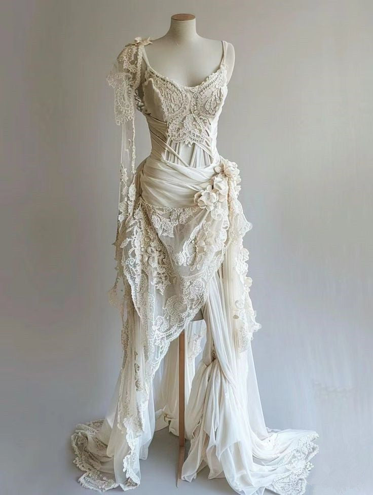 Vintage Unique Long Lace Prom Dress Wedding Dress Bridal Gown Main image