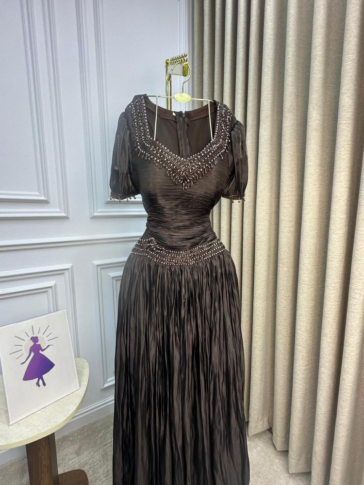 Vintage V Neck Brown Chiffon Beaded Mermaid Party Dress Long Evening Gowns