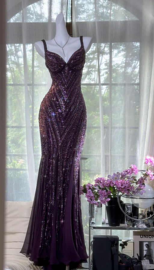 Vintage V Neck Dark Purple Chiffon Sequin Mermaid Long Party Gown Evening Dress