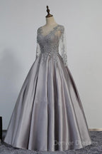 Vintage V-Neck Long Sleeves Appliques Beading Long Evening Dress