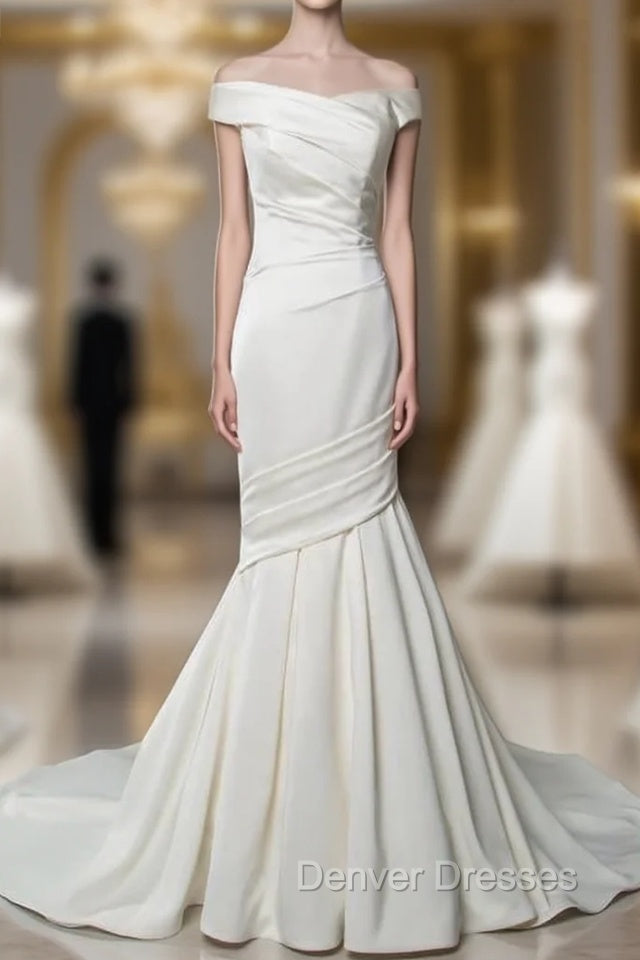 Vintage Wedding Dress Mermaid Off The Shoulder Sleeveless Pleated Satin Fabric With Train Traditional Dress For Bride Main image