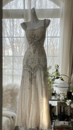 Vintage Ivory Beaded Chiffon Mermaid Prom Dress