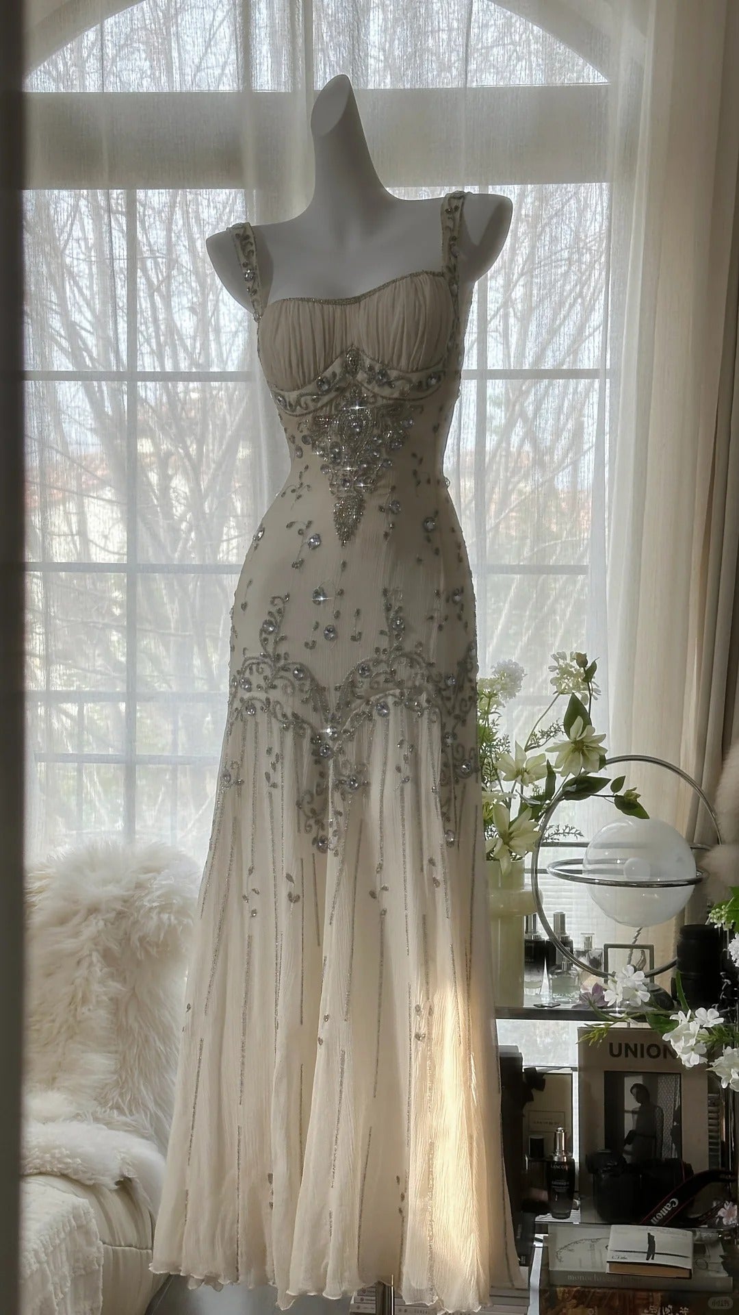 Vintage Ivory Beaded Chiffon Mermaid Prom Dress