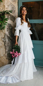 Vintage White Lace Wedding Gown, Ruffle Bridal Dress