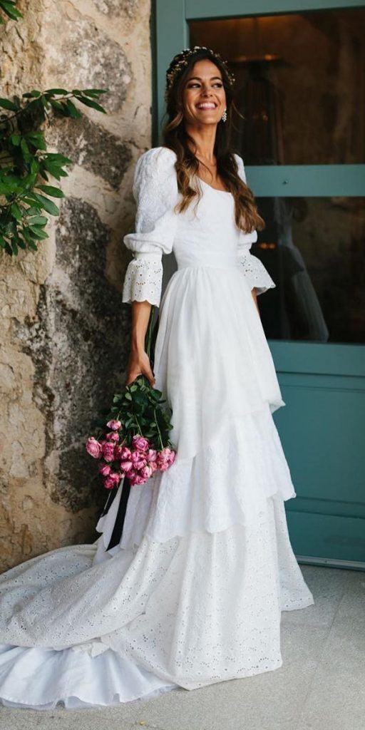 Vintage White Lace Wedding Gown, Ruffle Bridal Dress