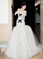 Vintage White Mermaid Sweetheart Neck Bow Lace Tulle Wedding Dress