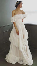 Vintage White Off The Shoulder Dots Ruffle Party Dress