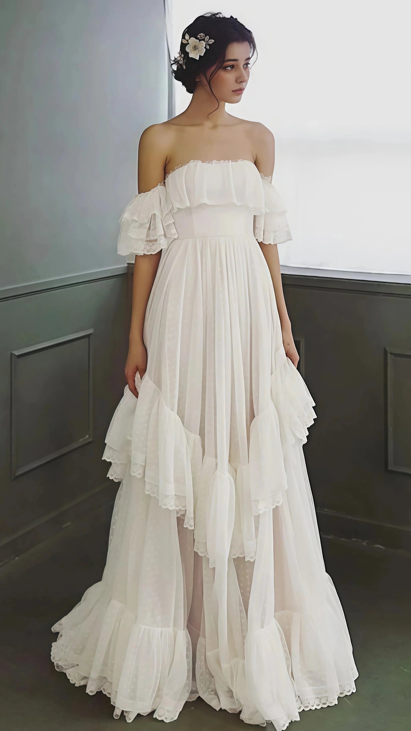 Vintage White Off The Shoulder Dots Ruffle Party Dress Main image