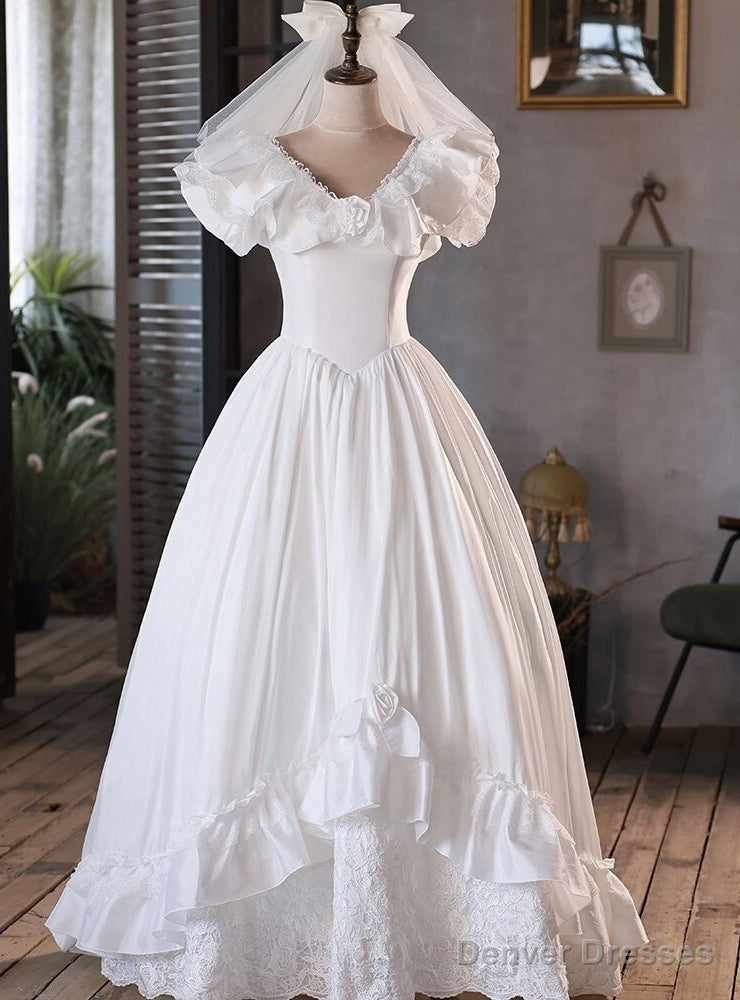 Vintage White Satin Lace V-neck Wedding Dress Main image