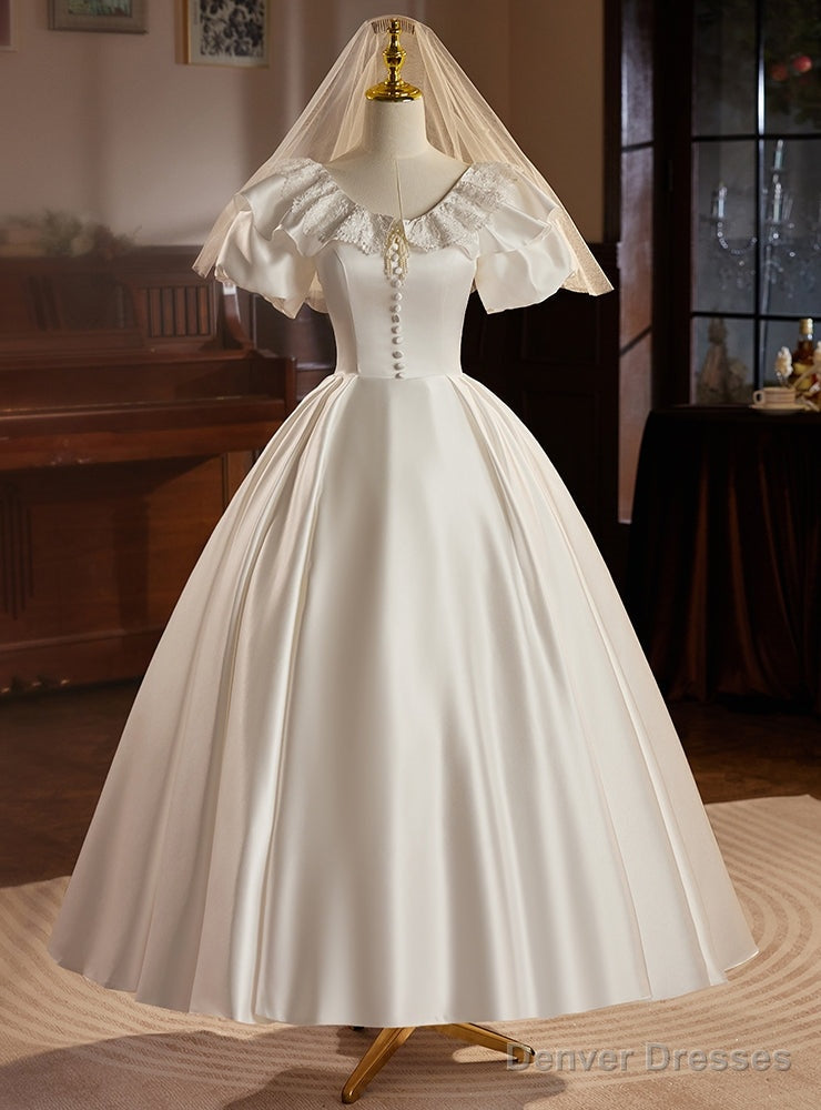 Vintage White Satin Puff Sleeve Wedding Dress Main image