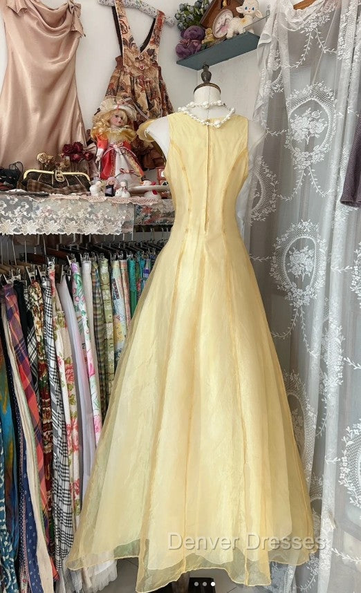 Vintage Yellow A-Line Boat Neck Tulle Long Prom Dress Simple Embroidery Applique Evening Dress