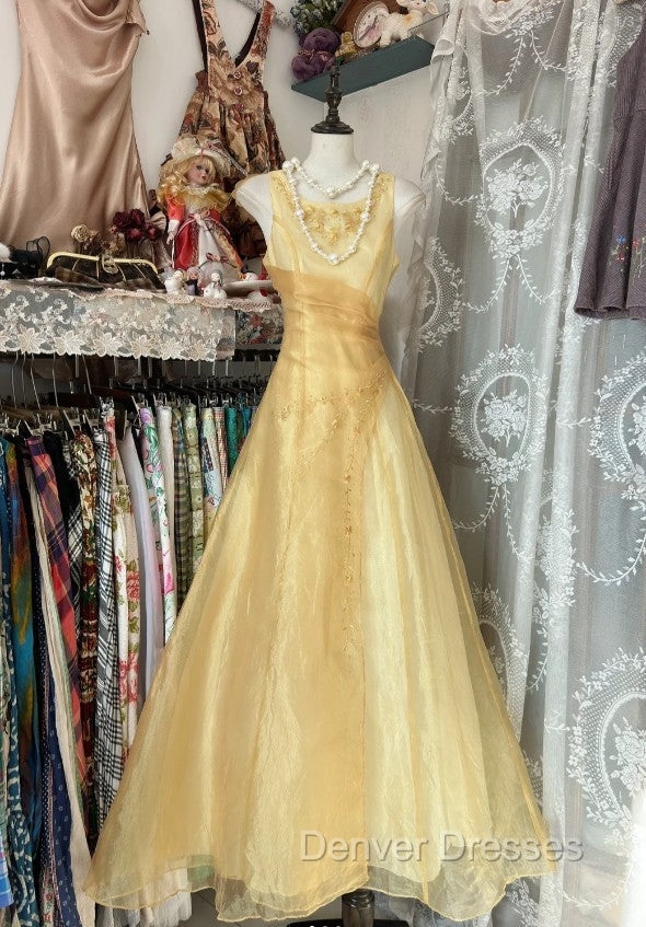 Vintage Yellow A-Line Boat Neck Tulle Long Prom Dress Simple Embroidery Applique Evening Dress