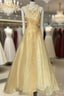 Vintage Yellow A-Line Boat Neck Tulle Long Prom Dress Simple Embroidery Applique Evening Dress