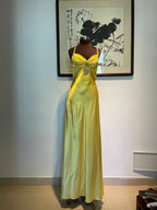 Vintage Yellow Fitted Halter Neck Satin Long Prom Dress Evening Dress Bridesmaid Dress