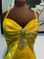 Vintage Yellow Fitted Halter Neck Satin Long Prom Dress Evening Dress Bridesmaid Dress