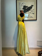 Vintage Yellow Fitted Halter Neck Satin Long Prom Dress Evening Dress Bridesmaid Dress