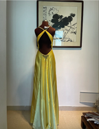 Vintage Yellow Fitted Halter Neck Satin Long Prom Dress Evening Dress Bridesmaid Dress