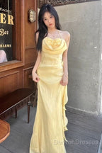 Vintage Yellow Halter Neck Floral Prom Gown Fairy Princess Prom Dress