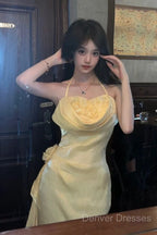Vintage Yellow Halter Neck Floral Prom Gown Fairy Princess Prom Dress