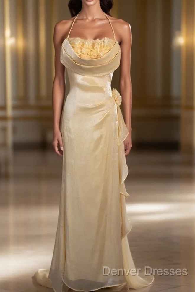 Vintage Yellow Halter Neck Floral Prom Gown Fairy Princess Prom Dress