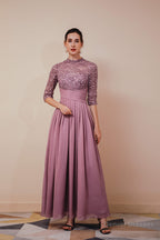 Lace Chiffon Long Zipper Back Mother of the Bride Dresses With Sleeves