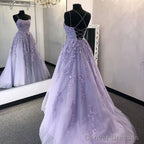 Violet Purple Lace Long Prom Dresses A Line Evening Gown