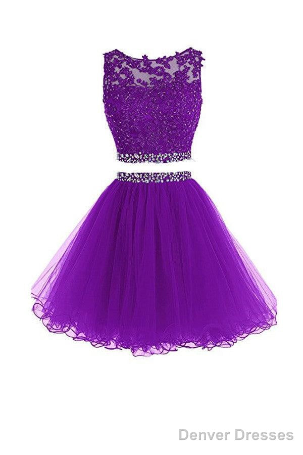 Violet Two Piece Tulle Homecoming Dresses Short Prom Dresses With Beading Secondary image