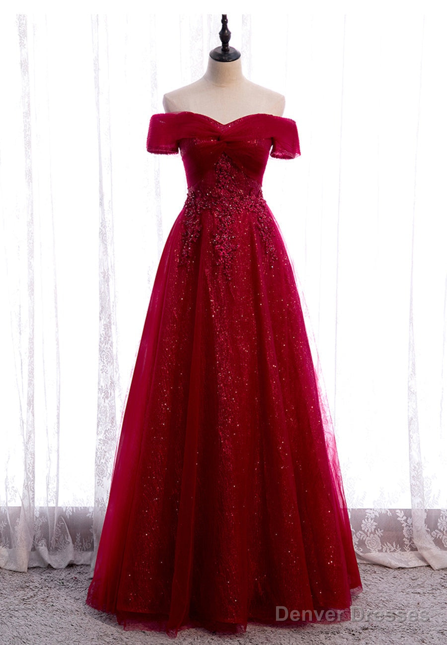 Burgundy Lace Long Prom Dresses, A-Line Off the Shoulder Evening Dresses Main image