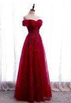 Burgundy Lace Long Prom Dresses, A-Line Off the Shoulder Evening Dresses