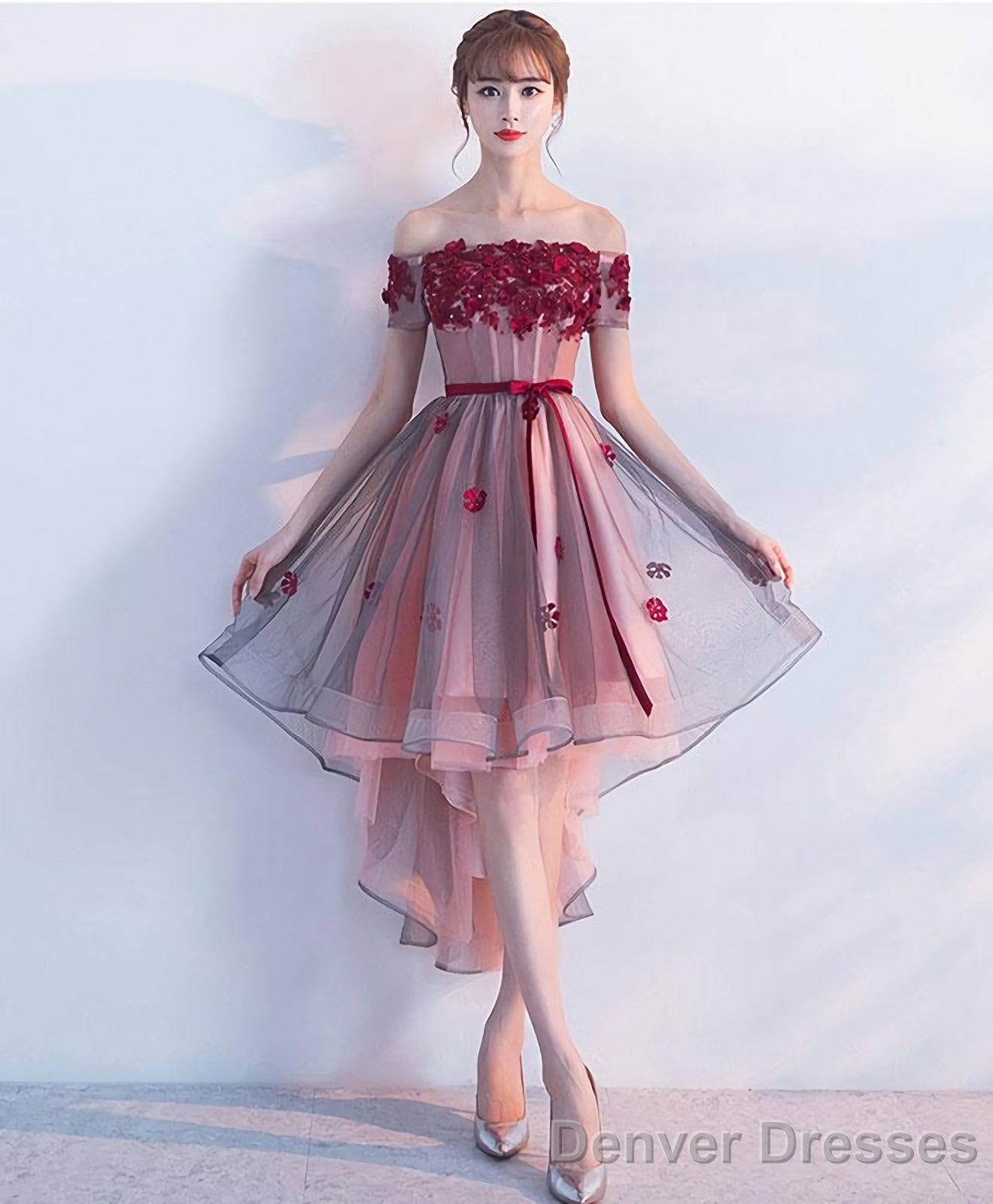 High Low Lace Tulle Off Shoulder Prom Dress Homecoming Dress Main image