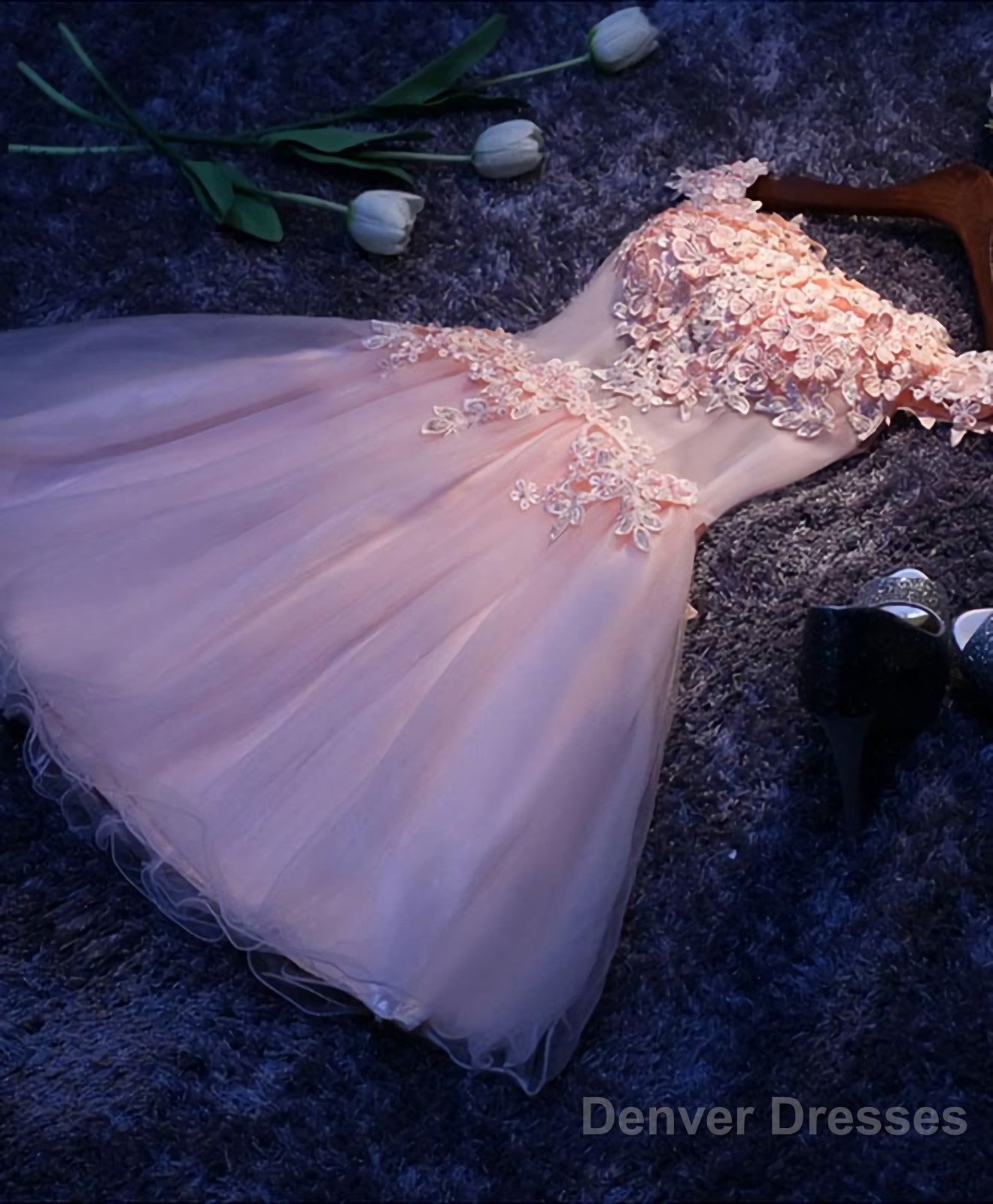 Pink A Line Tulle Lace Short Prom Dress, Homecoming Dress Main image
