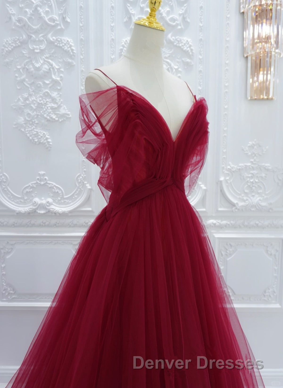 Wine Red Tulle V-Neckline Off Shoulder With Bow, Wine Red Tulle Long Prom Dress Secondary image