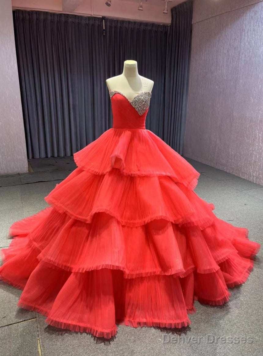 Watermelon Red Tulle Tiers Pleats Crystal Prom Dress Main image