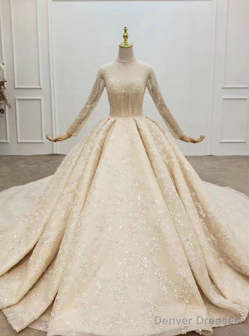 We Offer a Large Numbers Of Dark Champagne Tulle Sequins Beading High Neck Long Sleeve Wedding Dress Main image