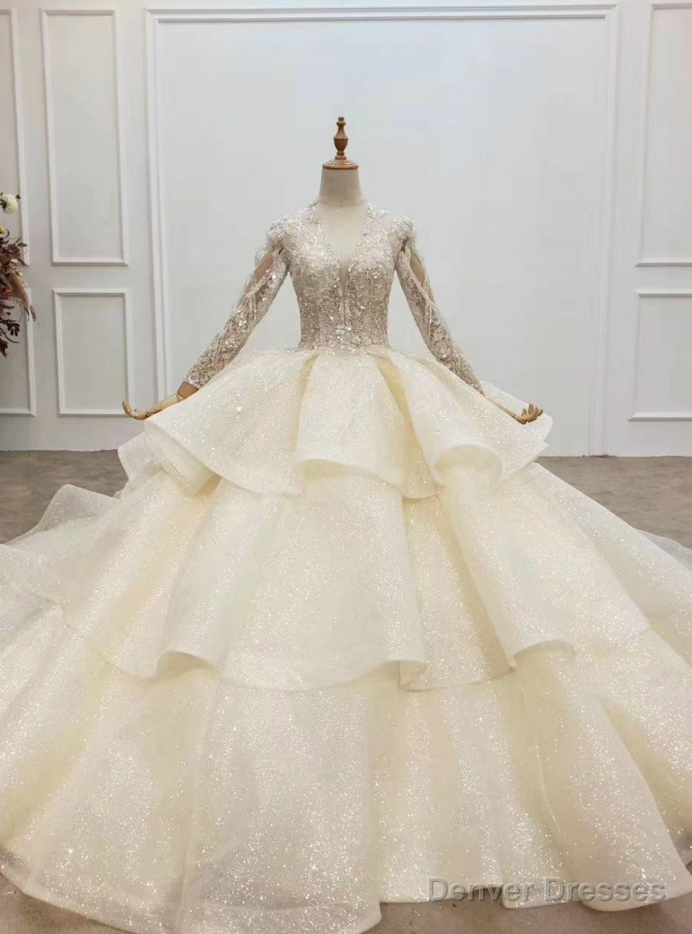 We Offer a Variety Of Tulle Sequins V-neck Long Sleeve Beading Champagne Wedding Dress
