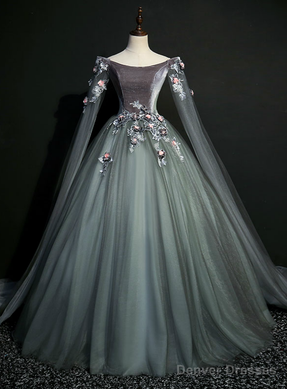 We Provide Gray Tulle Velvet Off the Shoulder Appliques Quinceanera Dress