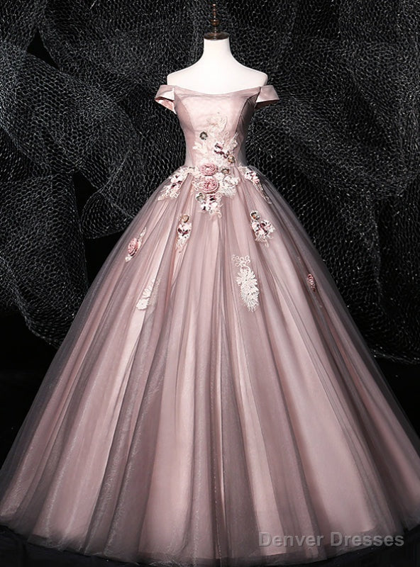 We Provide Pink Ball Gown Tulle Off the Shoulder Appliques Quinceanera Dress