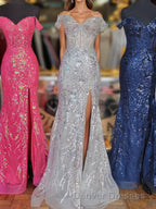 Fuchsia Off-Shoulder Sequined Floral Mermaid Long Prom Dress with Slit