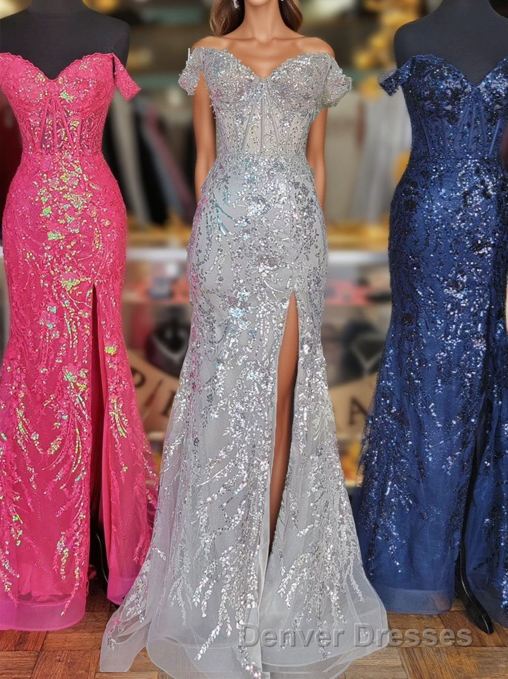 Fuchsia Off-Shoulder Sequined Floral Mermaid Long Prom Dress with Slit