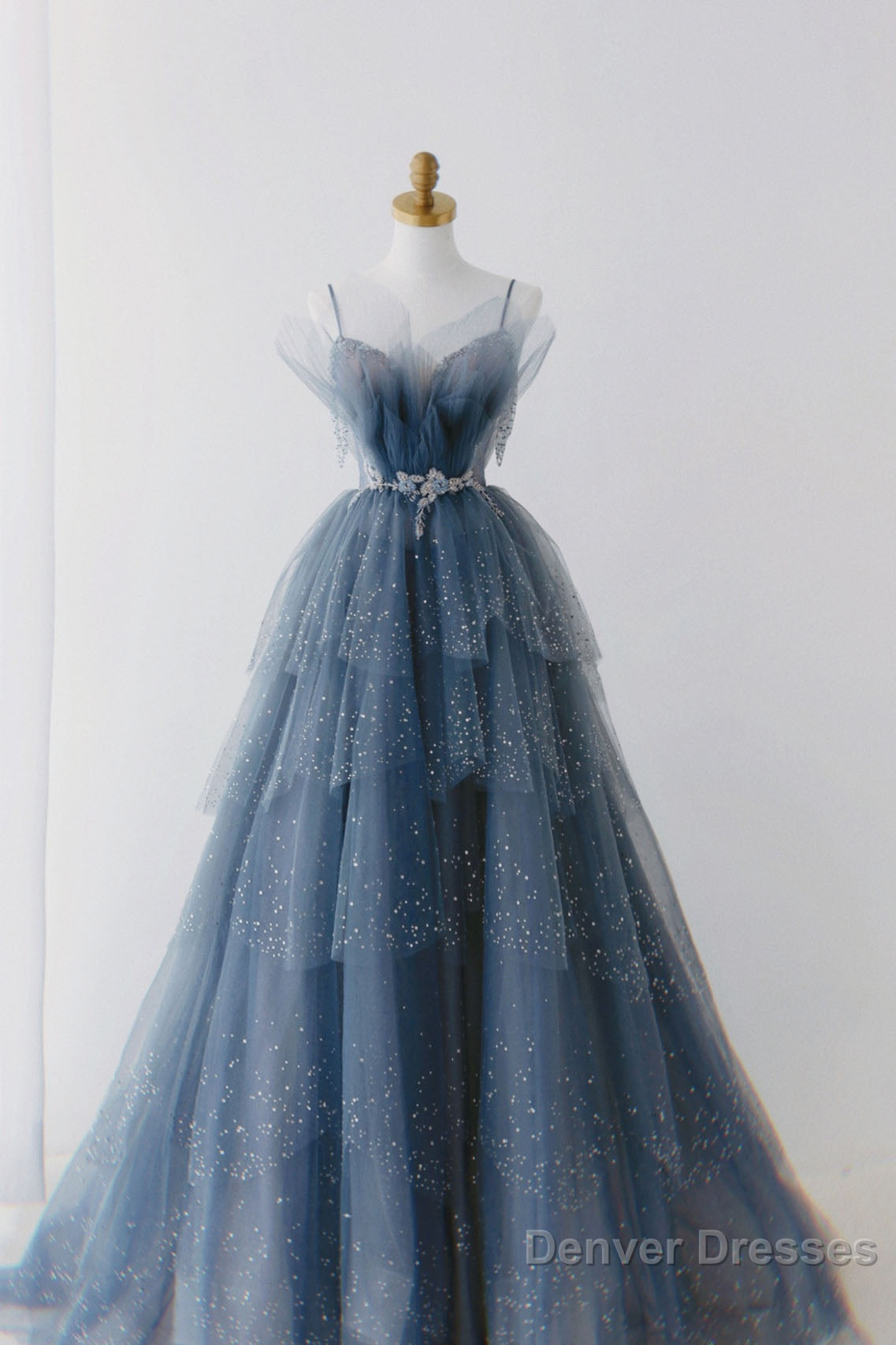 Gorgeous Blue Sparkly Tulle Beaded Prom Dress, Tiered Formal Gown with Rhinestone Secondary image