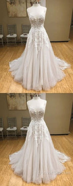 Wh V Neck Tulle Long Prom Dress, Lace Evening Dress, White Lace Wedding Dress